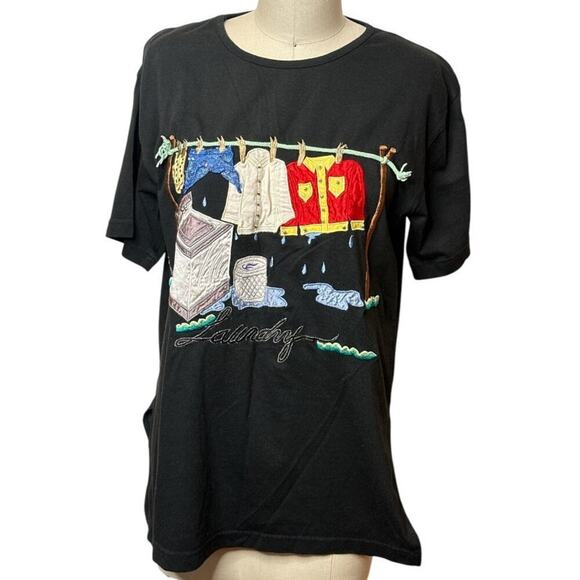 Vintage Vivian Forest Black Aplique Loundry Shoulder Pads Tee Shirt Women's Sz S - Picture 1 of 5